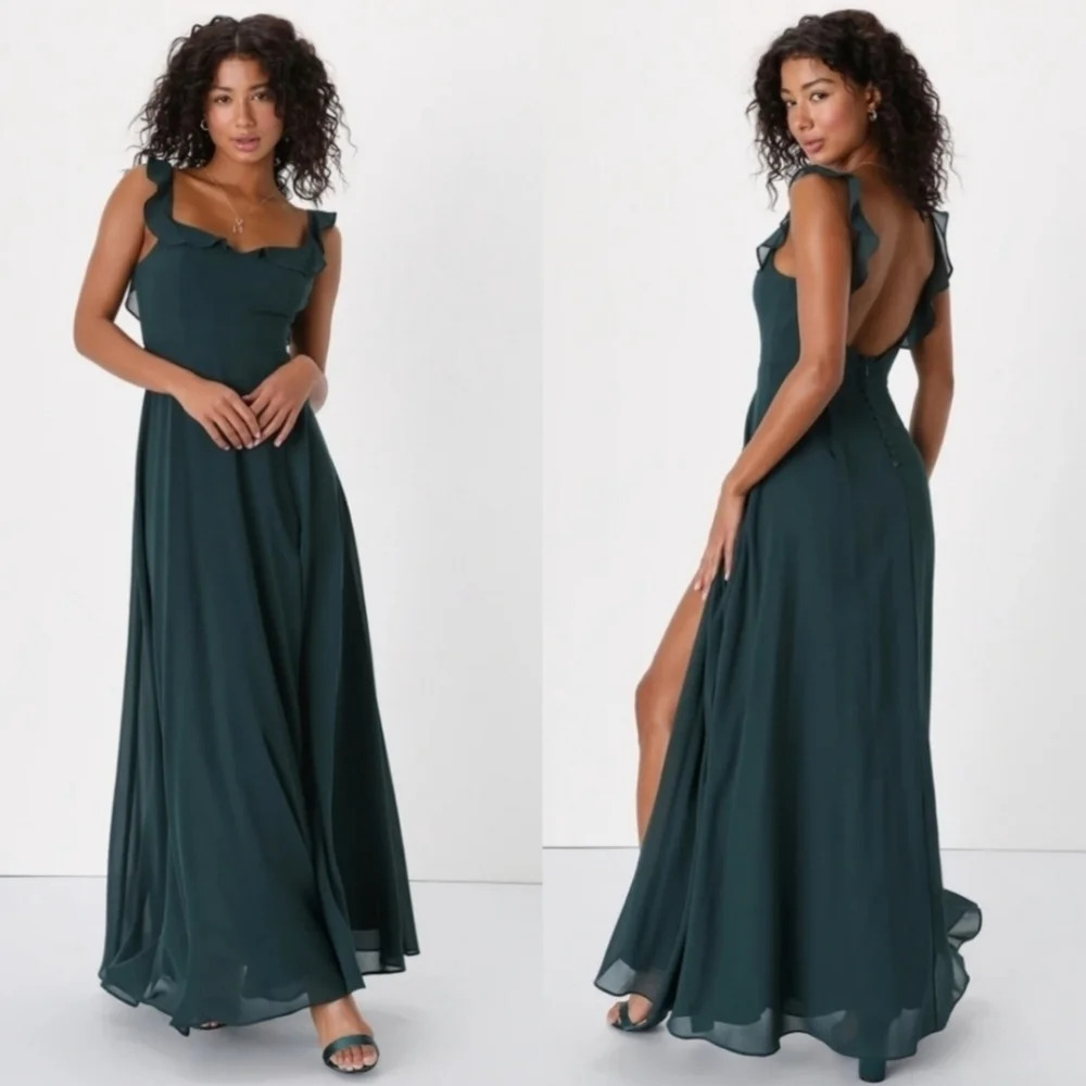 Lulus Dreamy Admiration Emerald Green Ruffled Maxi Dress Wedding Party Prom